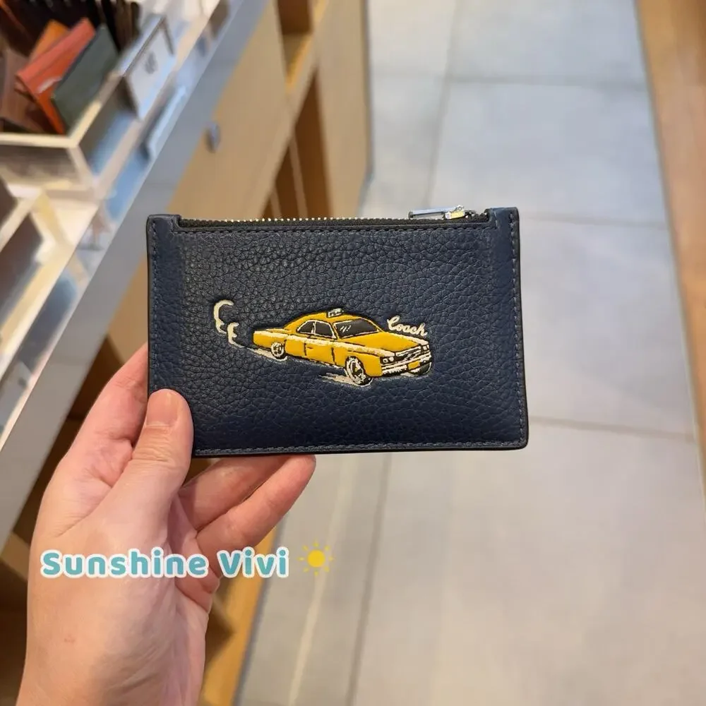 NWT Coach Zip Card CaseWith Car Print Silver/Deep Blue Multi cek64